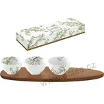 Easy Life NATURA bílé porcelánové servírovací misky na dipy na akáciovém podnose větvička zelených lístků