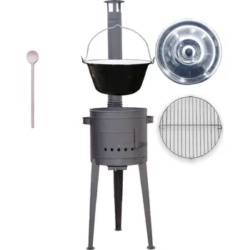 Kempingové nádobí Smaltovaný kotlík 16 L + rošt na grilování 40 cm + vysoká kotlina 39 cm žáruvzdorná barva PLUS 600 + nerezová poklice + vařečka