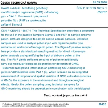 ČSN P CEN/TS 16817-1 - Kvalita ovzduší - Monitoring geneticky modifikovaných organismů (GMO) - Monitoring pylu - Část 1: Vzorkování pylu pomocí pylového filtru (PMF) a vzorkovacího zařízení Sigma-2 - Tisk