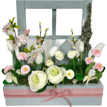 RK Dekorace Jarní truhlík bílé/světle růžové květiny 42 cm