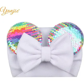 Minnie Mouse Elastická čelenka s mašlí, myší ouška zdobené flitry Varianta: 5 bílá, duhové uši, bílá mašle