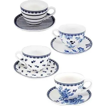 Stolování Porcelánové šálky s podšálkem na espresso ve stylu VINTAGE Indigo v dárkové krabičce - 4*90 ml