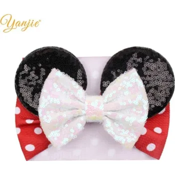 Minnie Mouse Látková čelenka s mašlí a oušky zdobené flitry Varianta: 8 červená s bílými puntíky, černé uši, bílá mašle