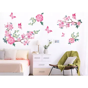 Samolepící dekorace Rozkvetlá třešeň s motýlky samolepky na zeď arch 47 x 32 cm