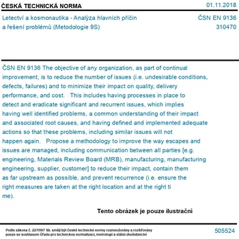 ČSN EN 9136 - Letectví a kosmonautika - Analýza hlavních příčin a řešení problémů (Metodologie 9S) - Tisk