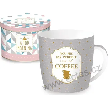 Easy Life MY PERFECT CUP OF COFFEE šedý porcelánový hrnek s trojúhelníky v plechové dóze 350ml