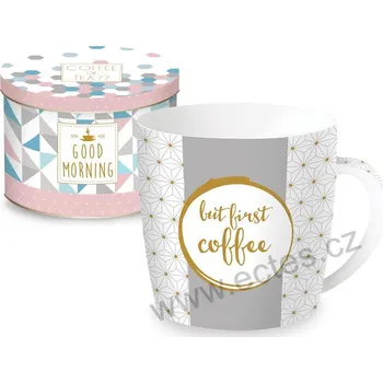 Easy Life BUT FIRST COFFEE porcelánový hrnek s šedým pruhem a hvězdičkami v plechové dóze 350ml