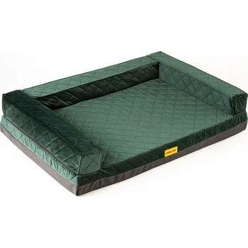 Pelíšek pro psa Ortopedický pelíšek, 5 velikostí, polstrovaný okraj 10cm vysoká paměťová pěna zelený prošívaný velur/černá eko kůže, gauč 70x52cm, vnitřní velikost 50x42cm