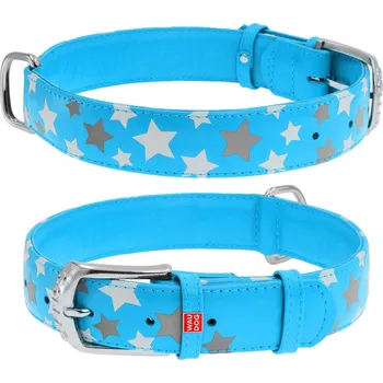 Obojek pro psa WAU DOG Plochý kožený obojek s hvězdičkami modrý svítící Obvod krku:: 19-25 cm, širka: 9 mm