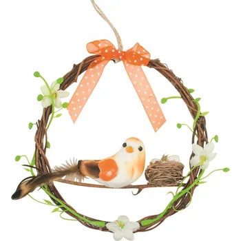 Velikonoční dekorace Věnec s ptáček a s hnízdem 14 cm na zavěšení