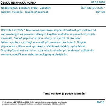 ČSN EN ISO 23277 - Nedestruktivní zkoušení svarů - Zkoušení kapilární metodou - Stupně přípustnosti - Tisk
