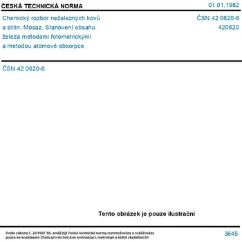 ČSN 42 0620-6 - Chemický rozbor neželezných kovů a slitin. Mosaz. Stanovení obsahu železa metodami fotometrickými a metodou atomové absorpce - Tisk