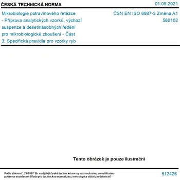 ČSN EN ISO 6887-3 Změna A1 - Mikrobiologie potravinového řetězce - Příprava analytických vzorků, výchozí suspenze a desetinásobných ředění pro mikrobiologické zkoušení - Část 3: Specifická pravidla pro vzorky ryb a produktů rybolovu - Tisk