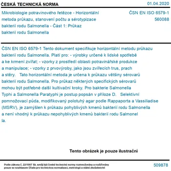 ČSN EN ISO 6579-1 - Mikrobiologie potravinového řetězce - Horizontální metoda průkazu, stanovení počtu a sérotypizace bakterií rodu Salmonella - Část 1: Průkaz bakterií rodu Salmonella - Tisk
