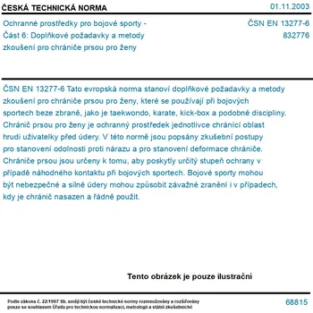 ČSN EN 13277-6 - Ochranné prostředky pro bojové sporty - Část 6: Doplňkové požadavky a metody zkoušení pro chrániče prsou pro ženy - Tisk
