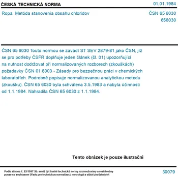 ČSN 65 6030 - Ropa. Metóda stanovenia obsahu chloridov - Tisk