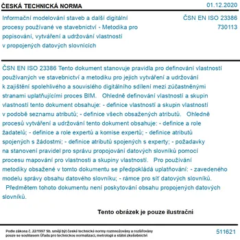ČSN EN ISO 23386 - Informační modelování staveb a další digitální procesy používané ve stavebnictví - Metodika pro popisování, vytváření a udržování vlastností v propojených datových slovnících - Tisk
