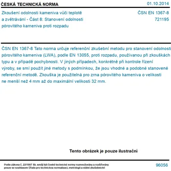 ČSN EN 1367-8 - Zkoušení odolnosti kameniva vůči teplotě a zvětrávání - Část 8: Stanovení odolnosti pórovitého kameniva proti rozpadu - Tisk