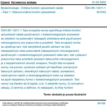 ČSN EN 13311-1 - Biotechnologie - Kritéria funkční způsobilosti nádob - Část 1: Obecná kritéria funkční způsobilosti - Tisk