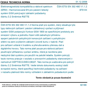 ČSN ETSI EN 302 480 V1.1.2 - Elektromagnetická kompatibilita a rádiové spektrum (ERM) - Harmonizovaná EN pro palubní letecký systém GSM pokrývající základní požadavky článku 3.2 Směrnice R&#38;TTE - Tisk