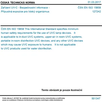ČSN EN ISO 15858 - Zařízení UV-C - Bezpečnostní informace - Přípustná expozice pro lidský organizmus - Tisk