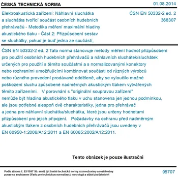 Sluchátka ČSN EN 50332-2 ed. 2 - Elektroakustická zařízení: Náhlavní sluchátka a sluchátka tvořící součást osobních hudebních přehrávačů - Metodika měření maximální hladiny akustického tlaku - Část 2: Přizpůsobení sestav se sluchátky, pokud je buď jedna ze součástí