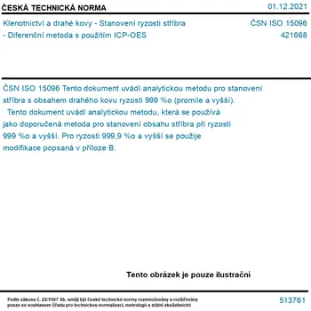 ČSN ISO 15096 - Klenotnictví a drahé kovy - Stanovení ryzosti stříbra - Diferenční metoda s použitím ICP-OES - Tisk