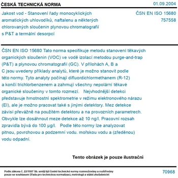 ČSN EN ISO 15680 - Jakost vod - Stanovení řady monocyklických aromatických uhlovodíků, naftalenu a některých chlorovaných sloučenin plynovou chromatografií s P&T a termální desorpcí - Tisk