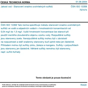 ČSN ISO 13358 - Jakost vod - Stanovení snadno uvolnitelných sulfidů - Tisk