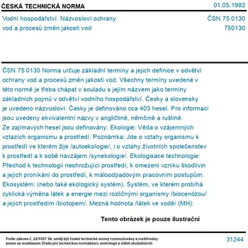 ČSN 75 0130 - Vodní hospodářství. Názvosloví ochrany vod a procesů změn jakosti vod - Tisk