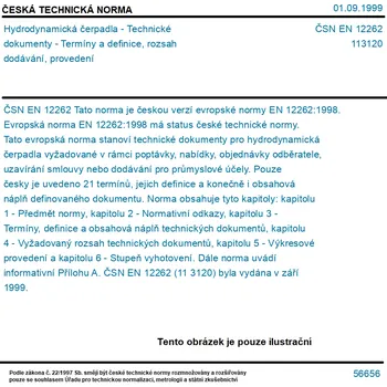 ČSN EN 12262 - Hydrodynamická čerpadla - Technické dokumenty - Termíny a definice, rozsah dodávání, provedení - Tisk