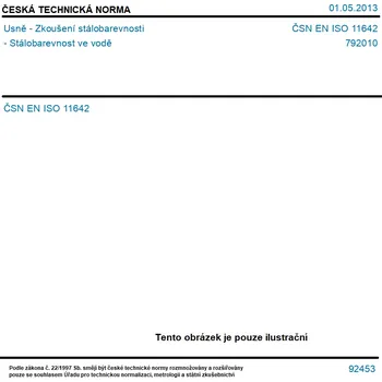 ČSN EN ISO 11642 - Usně - Zkoušení stálobarevnosti - Stálobarevnost ve vodě - Tisk
