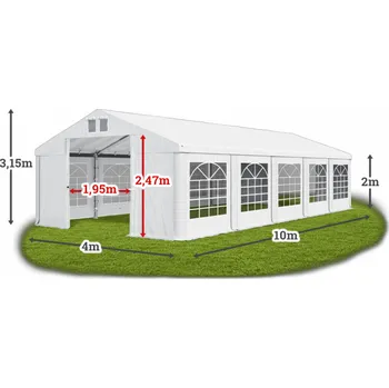 Zahradní stan Párty stan 4x10x2m střecha PVC 560g/m2 boky PVC 500g/m2 konstrukce LÉTO Bílá Šedá Šedá