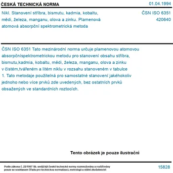 ČSN ISO 6351 - Nikl. Stanovení stříbra, bismutu, kadmia, kobaltu, mědi, železa, manganu, olova a zinku. Plamenová atomová absorpční spektrometrická metoda - Tisk