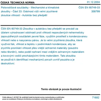 ČSN EN 60749-33 - Polovodičové součástky - Mechanické a klimatické zkoušky - Část 33: Odolnost vůči velmi zrychlené zkoušce vlhkostí - Autokláv bez předpětí - Tisk
