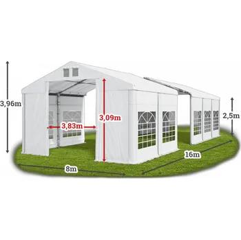 Zahradní stan Párty stan 8x16x2,5m střecha PVC 560g/m2 boky PVC 500g/m2 konstrukce ZIMA Bílá Bílá Šedá