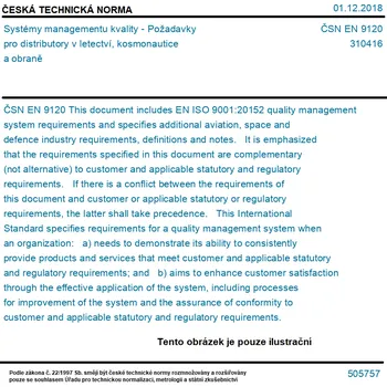 ČSN EN 9120 - Systémy managementu kvality - Požadavky pro distributory v letectví, kosmonautice a obraně - Tisk