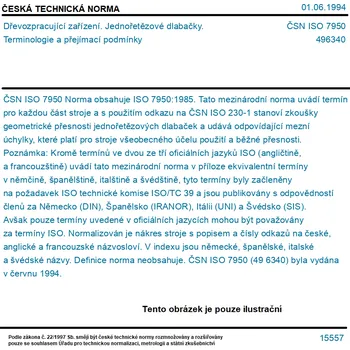 ČSN ISO 7950 - Dřevozpracující zařízení. Jednořetězové dlabačky. Terminologie a přejímací podmínky - Tisk