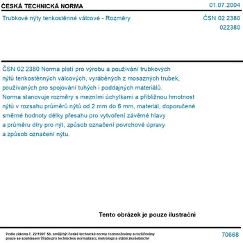 ČSN 02 2380 - Trubkové nýty tenkostěnné válcové - Rozměry - Tisk