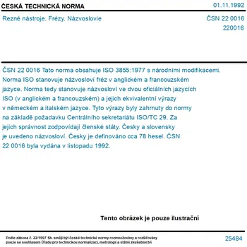 ČSN 22 0016 - Rezné nástroje. Frézy. Názvoslovie - Tisk