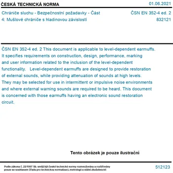 Chránič sluchu ČSN EN 352-4 ed. 2 - Chrániče sluchu - Bezpečnostní požadavky - Část 4: Mušlové chrániče s hladinovou závislostí - Tisk