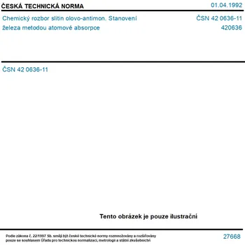 ČSN 42 0636-11 - Chemický rozbor slitin olovo-antimon. Stanovení železa metodou atomové absorpce - Tisk