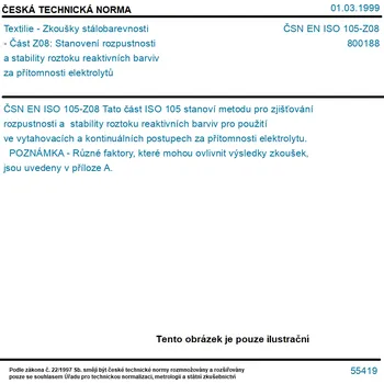 ČSN EN ISO 105-Z08 - Textilie - Zkoušky stálobarevnosti - Část Z08: Stanovení rozpustnosti a stability roztoku reaktivních barviv za přítomnosti elektrolytů - Tisk