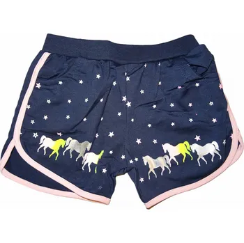 Dětská móda Dívčí tmavě modré kraťasy s koníkem a hvězdičkami 122