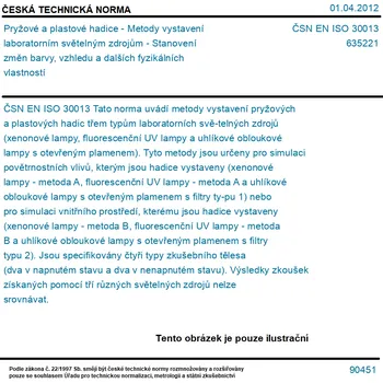 ČSN EN ISO 30013 - Pryžové a plastové hadice - Metody vystavení laboratorním světelným zdrojům - Stanovení změn barvy, vzhledu a dalších fyzikálních vlastností - Tisk