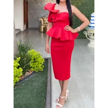 Dámské šaty Volánové midi šaty na společnost Barva: Červená, Velikost: L