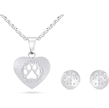 Souprava šperků biju Set z chirurgické oceli tlapka v srdci, řetízek + náušnice se zirkony 196