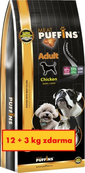 PUFFINS ADULT superpremiové krmivo pro psy s masovou náplní 12+3kg zdarma