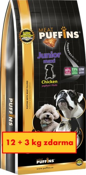 PUFFINS JUNIOR MAXI superpremiové krmivo pro psy s masovou náplní 12+3kg zdarma