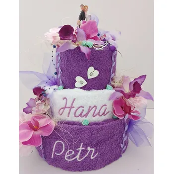 Veratex Textilní dort s vyšitými jmény novomanželů - fialkovo/ bílý